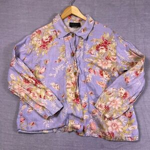Carol Anderson Collection Floral Button Front 100% Linen Jacket Women L Purple